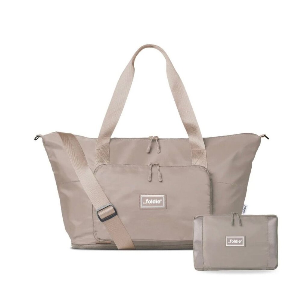 Foldie Large Foldable Travel Tote Bag With Adjustable Strap Beige